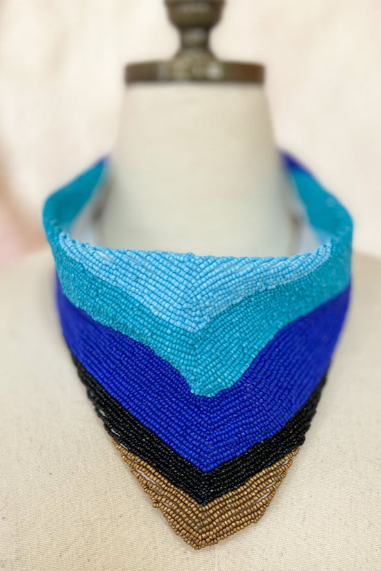 Load image into Gallery viewer, turquoise striped Seed Bead Collar Necklace, fall fashion, fall must have, elevated look, trendy, mom style, shop style your senses by mallory fitzsimmons
