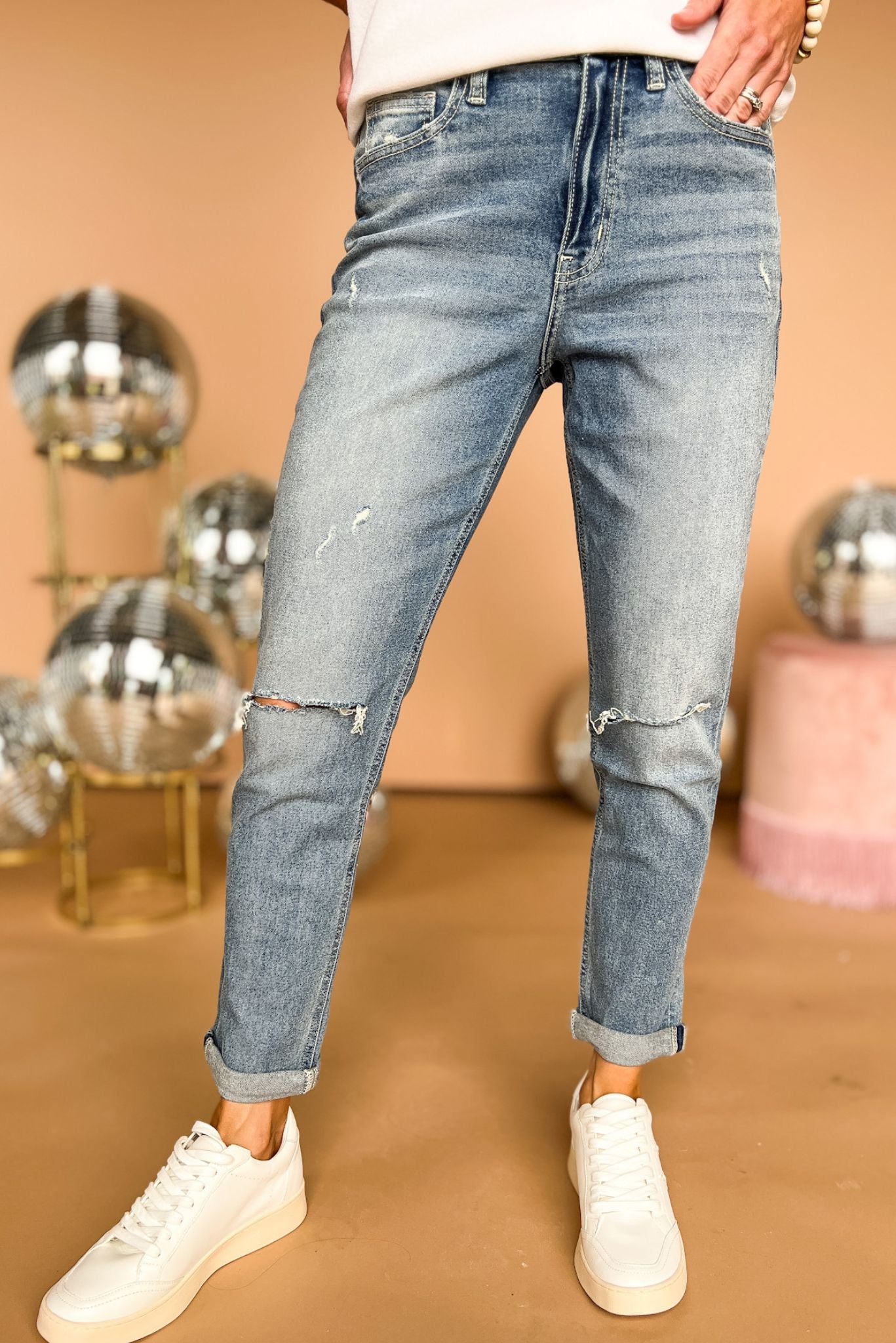 Load image into Gallery viewer, Vervet Light Wash High Rise Distressed Double Cuffed Stretch Mom Jeans, distressed hem, straight leg, everyday wear, spring denim, must have, shop style your senses by mallory fitzsimmons
