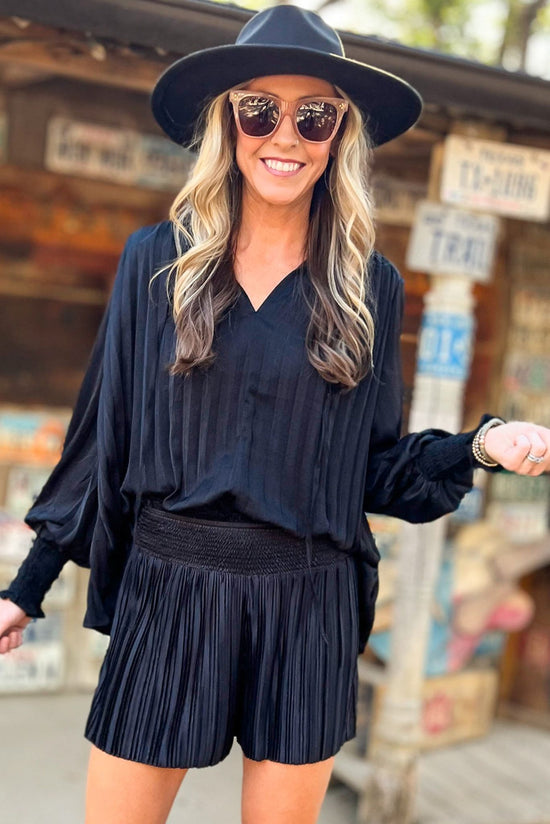 Black Pleated Puff Long Sleeve Frill Neck Top, fall fashion, matching set, pleated detail, mom style, shop style your senses by mallory fitzsimmons