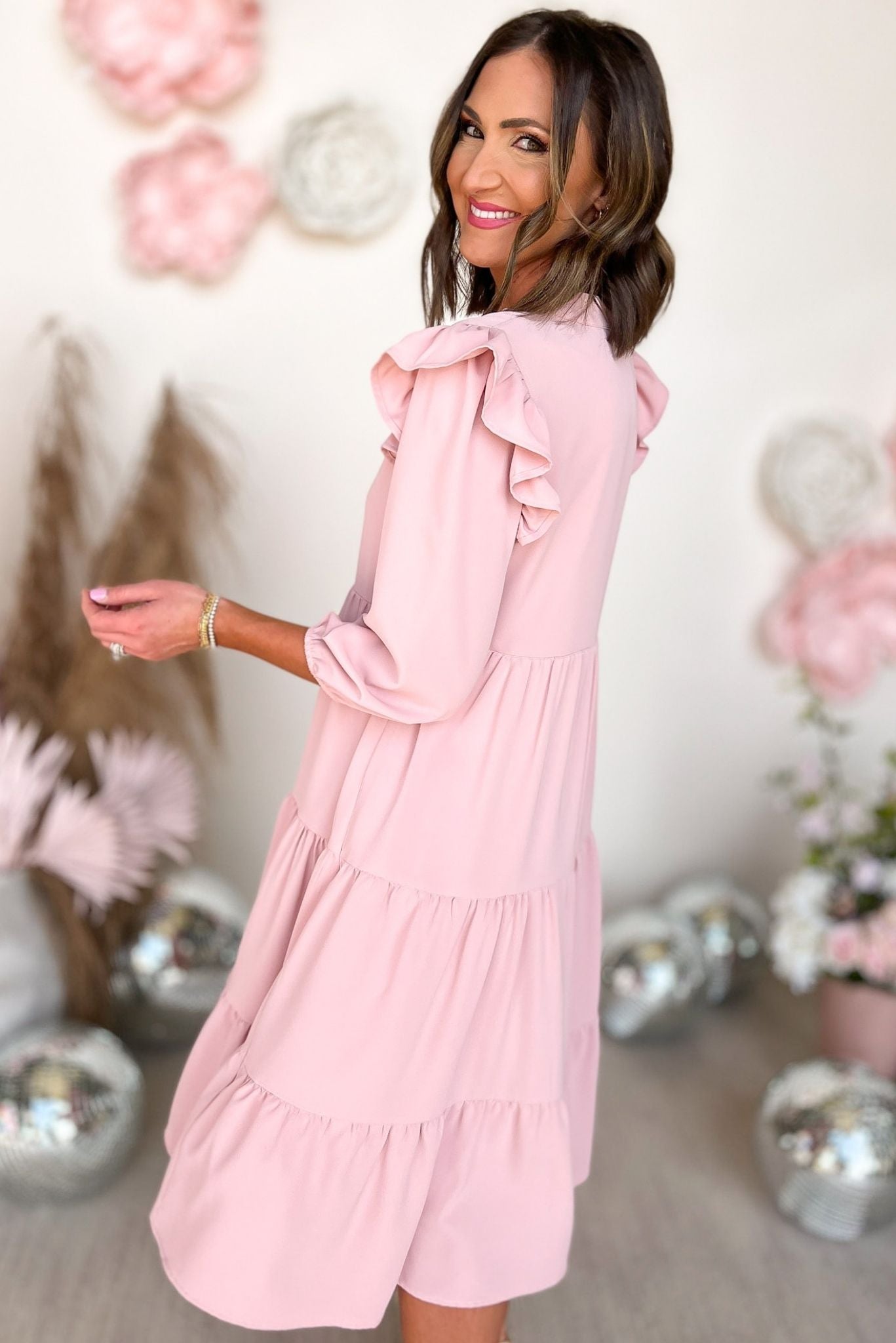 SSYS Blush Three Quarter Sleeve Ruffle Shoulder Tiered Midi Dress, shift dress, midi, spring must have, spring fashion, mom style, shop style your senses by mallory fitzsimmons