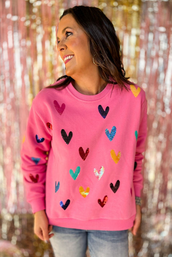 queen Of Sparkles Pink Multi Sequin Heart Sweatshirt queen of sparkles, valentine's day, all pink, trendy, date night look, mom style, elevated look, shop style your senses by mallory fitzsimmons
