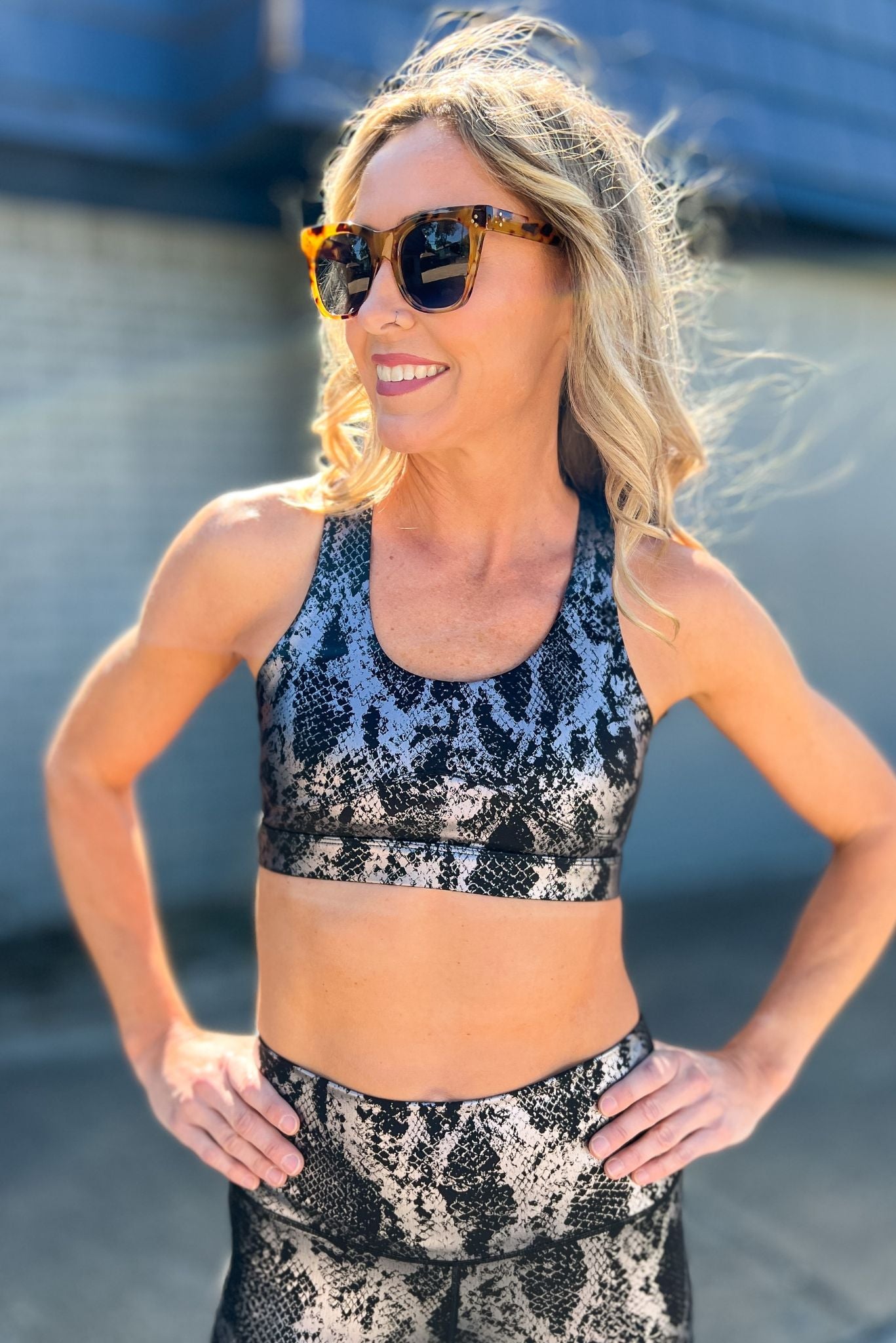 Load image into Gallery viewer, Silver Metallic Scale Print On Black Active sports bra SSYS The Label, athleisure, everyday wear, mom style, layered look, must have, shop style your senses by mallory fitzsimmons

