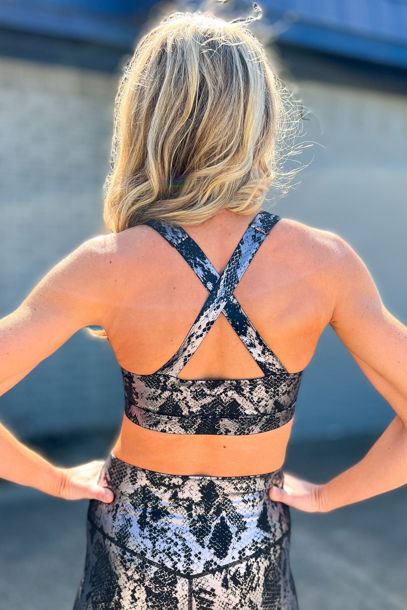 Silver Metallic Scale Print On Black Active sports bra SSYS The Label, athleisure, everyday wear, mom style, layered look, must have, shop style your senses by mallory fitzsimmons