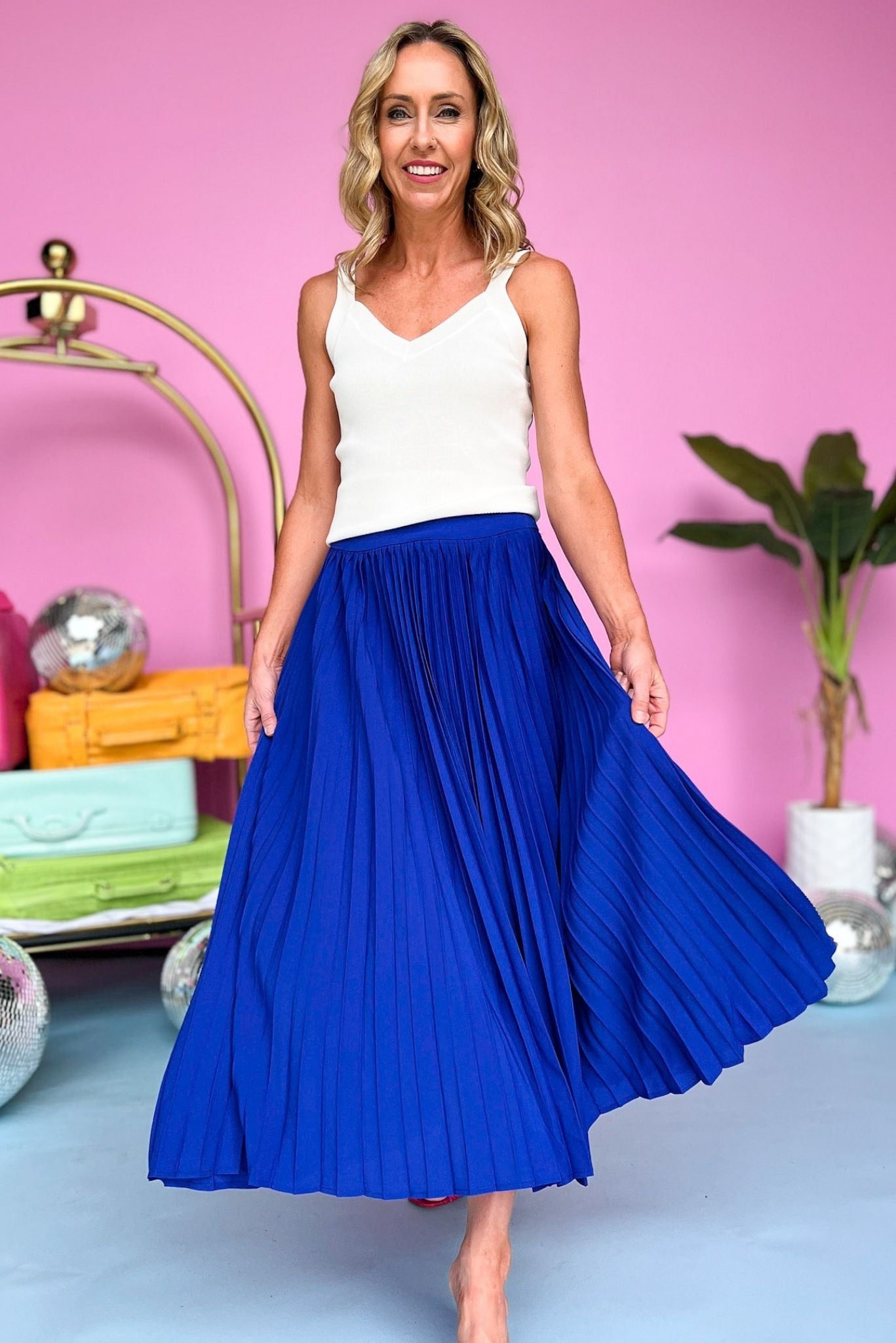 Load image into Gallery viewer, Royal Blue Pleated Pull On Midi Skirt, pleated skirt, midi, pull on, spring look, mom style, must have, shop style your senses by mallory fitzsimmons
