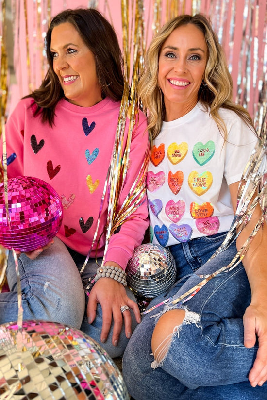 Load image into Gallery viewer, Queen Of Sparkles White Sequin Sweethearts Tee Shirt, queen of sparkles, valentine&amp;#39;s day, all pink, trendy, date night look, mom style, elevated look, shop style your senses by mallory fitzsimmons
