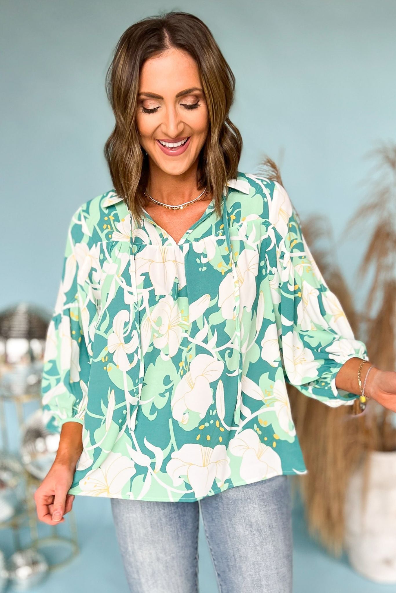 Load image into Gallery viewer, Green Floral Collar Neck Tie Long Sleeve Top, spring top, spring fashion, work to weekend, must have, mom style, shop style your senses by mallory fitzsimmons
