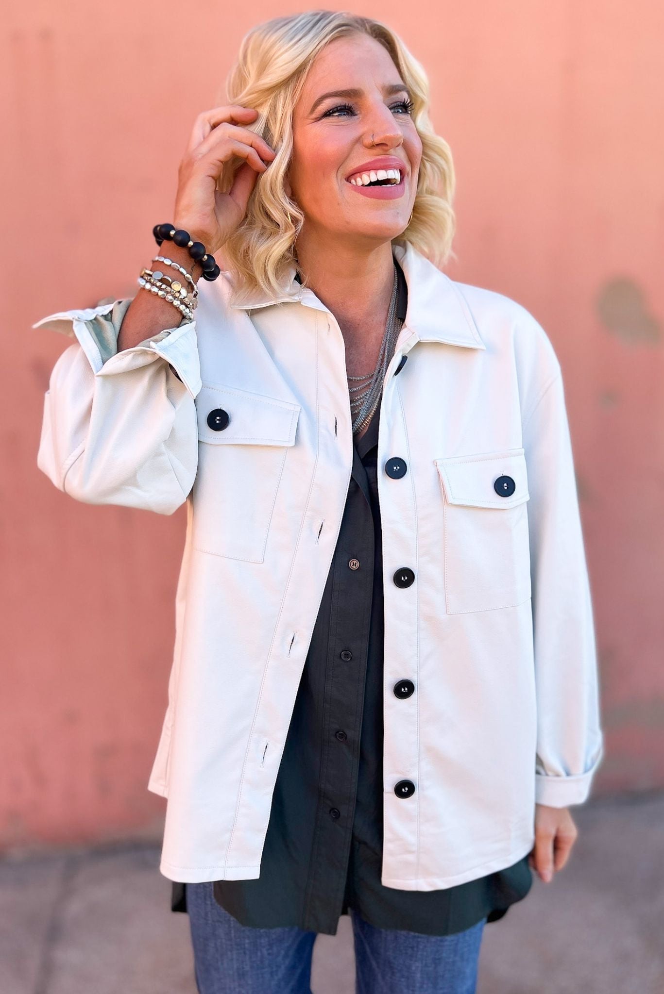 Off White Faux Leather Front Pocket Shacket, fall fashion, fall must have, layered look, elevated look, mom style, shop style your senses by mallory fitzsimmons