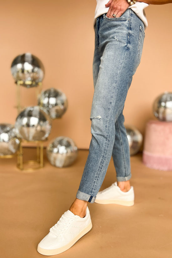 Load image into Gallery viewer, Vervet Light Wash High Rise Distressed Double Cuffed Stretch Mom Jeans, distressed hem, straight leg, everyday wear, spring denim, must have, shop style your senses by mallory fitzsimmons
