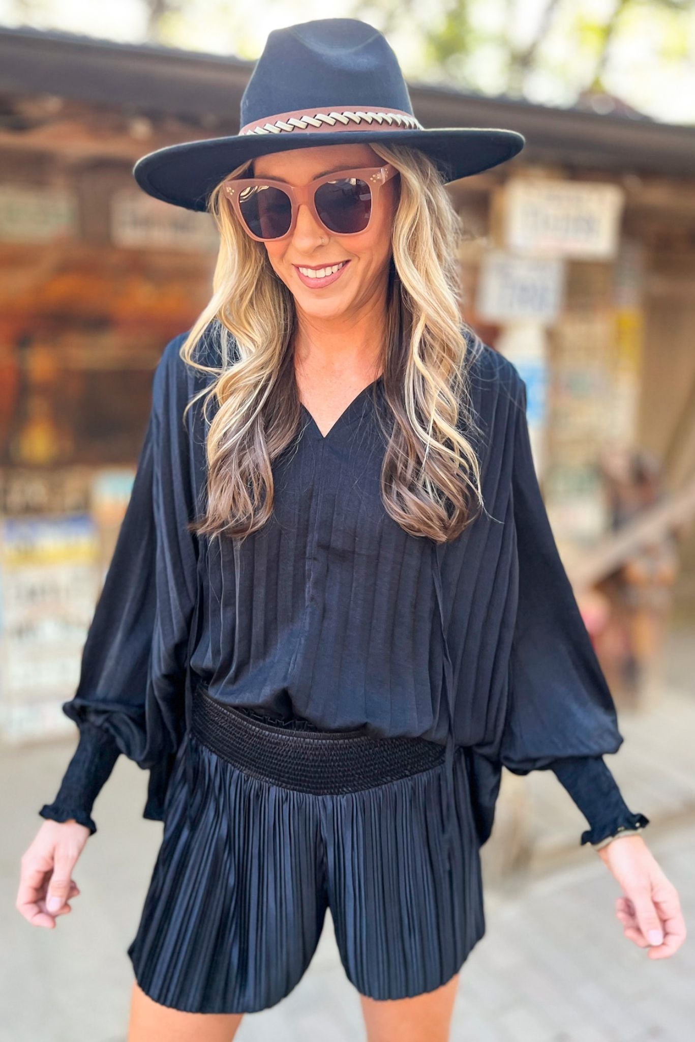Load image into Gallery viewer, Black Pleated Puff Long Sleeve Frill Neck Top, fall fashion, matching set, pleated detail, mom style, shop style your senses by mallory fitzsimmons
