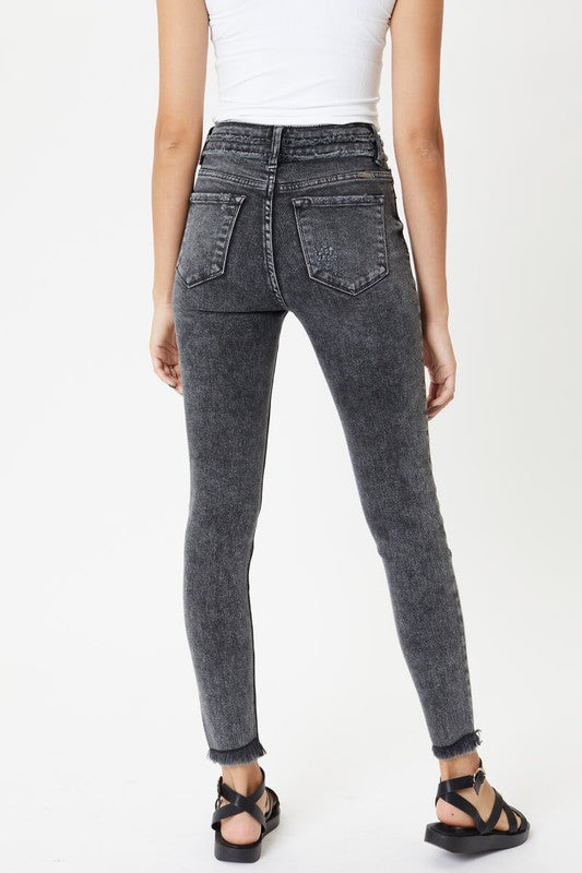 Load image into Gallery viewer, Black Acid Wash High Rise Double Button Super Skinny Black Jeans*FINAL SALE*
