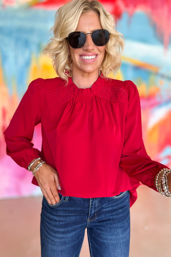 Load image into Gallery viewer, Red Mock Neck Pleat Detail Long Sleeve Top, holiday look, fall must have, mom style, work wear, shop style your senses by mallory fitzsimmons
