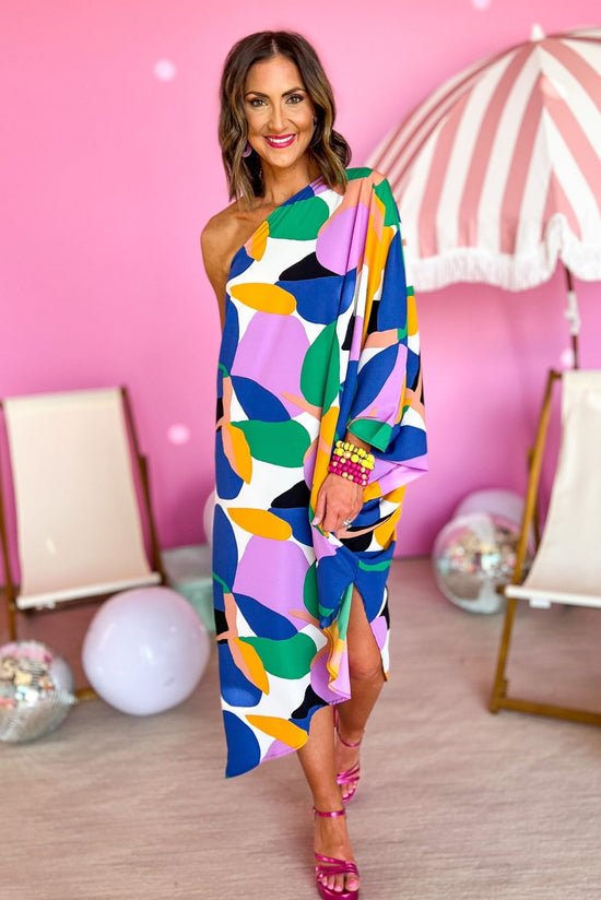 Multi Abstract One Sleeve Asymmetrical Midi Dress, spring break, one shoulder, resort wear, must have, night out, shop style your senses by mallory fitzsimmons