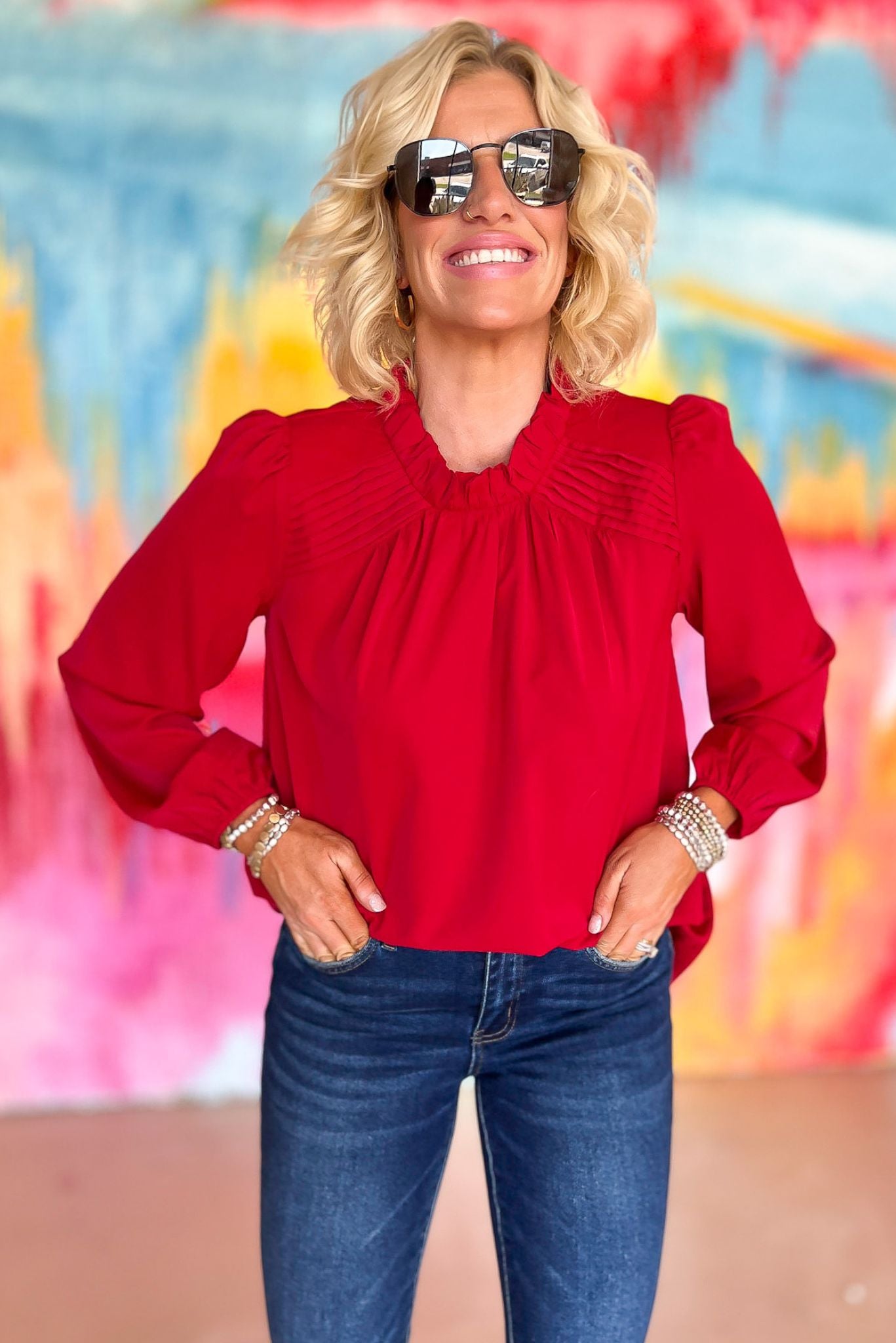 Load image into Gallery viewer, Red Mock Neck Pleat Detail Long Sleeve Top, holiday look, fall must have, mom style, work wear, shop style your senses by mallory fitzsimmons
