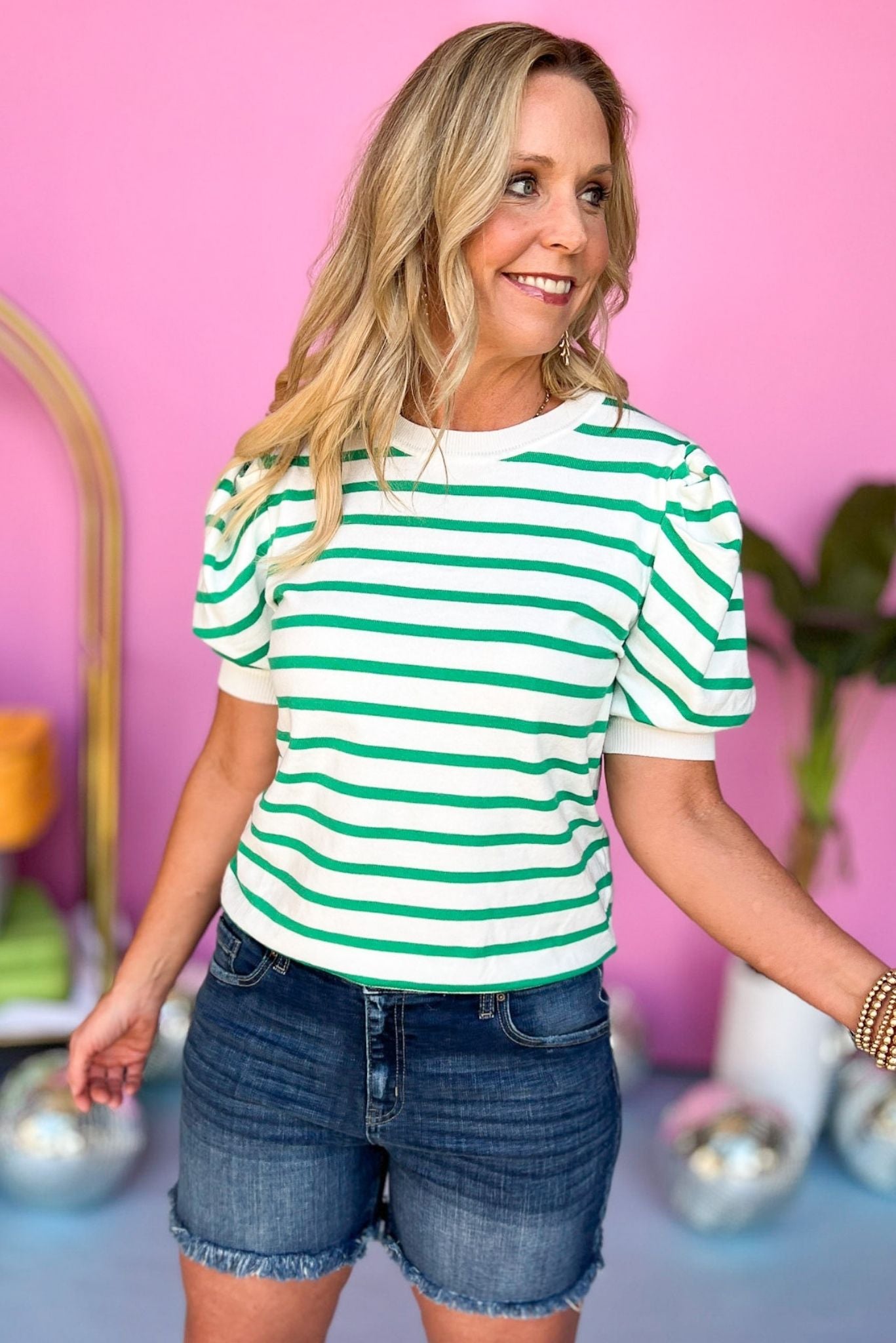 Load image into Gallery viewer, green Striped Puff Short Sleeve Top, puff sleeve, stripe detail, must have, easy fit, knit, shop style your senses by mallory fitzsimmons
