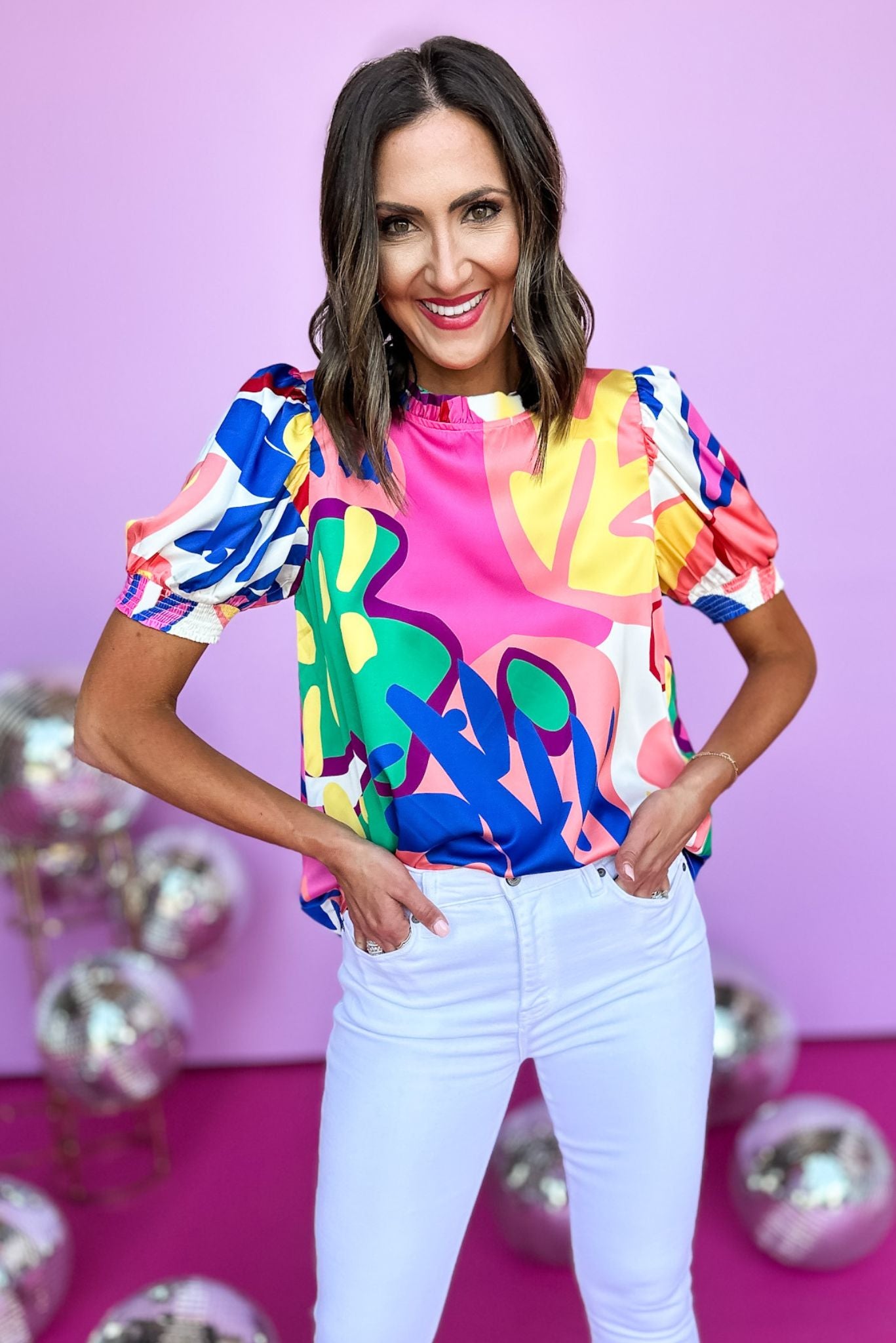 Pink Abstract Printed Frill Neck Short Puffed Sleeve Top, abstract, puff sleeve, summer look, must have, shop style your senses by mallory fitzsimmons