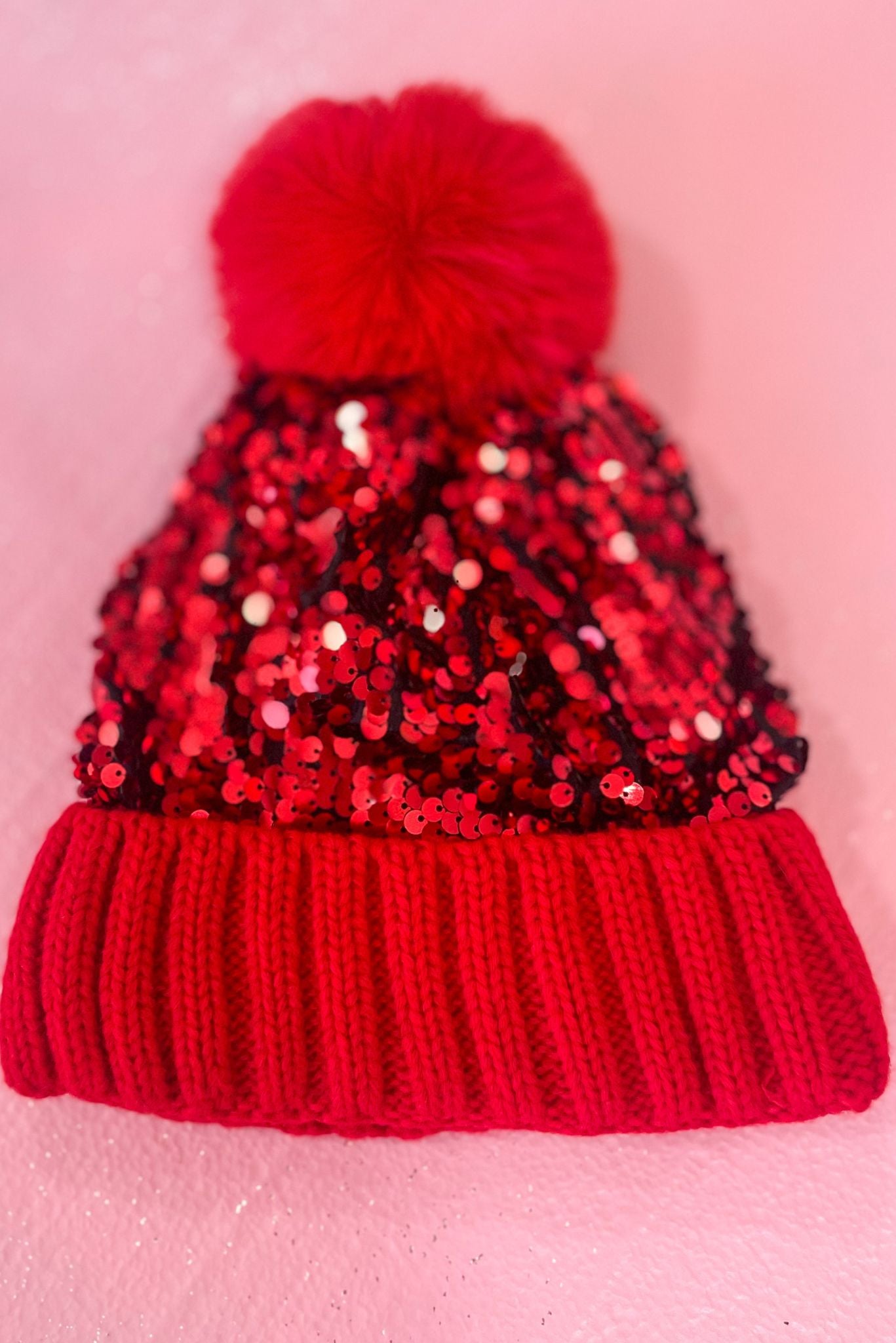 Load image into Gallery viewer, Red Sequin Pom Pom Knit Beanie
