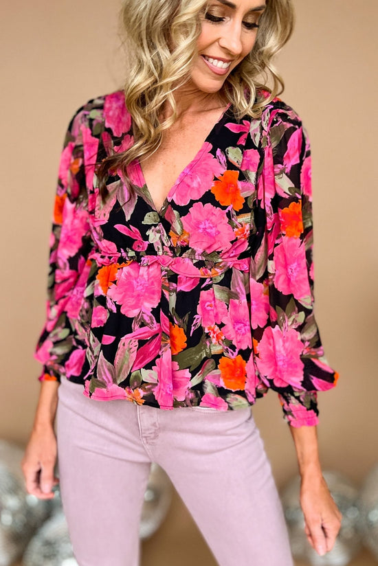 Fuchsia Floral V Neck Long Sleeve Babydoll Top. V neck. babydoll silhouette. pink floral pattern. affordable style. spring look. mom style. Shop Style Your Senses by Mallory Fitzsimmons.