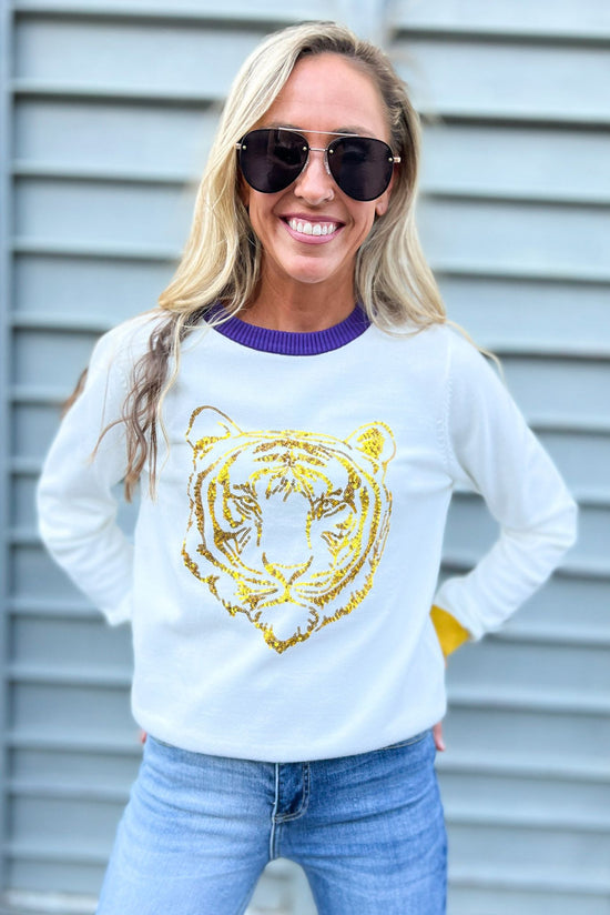 White Purple Gold Sequin Gameday Sweater, fall fashion, fall must have, mock neck, sweater weather, mom style, shop style your senses by mallory fitzsimmons