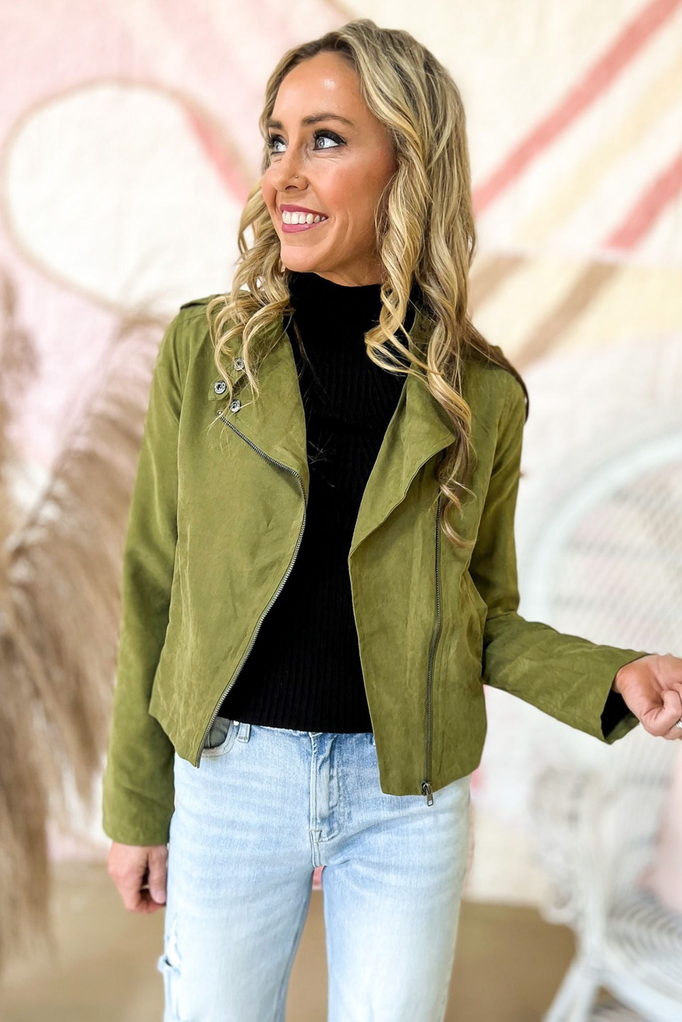 Load image into Gallery viewer, Olive Suede Belted Moto Jacket *FINAL SALE*

