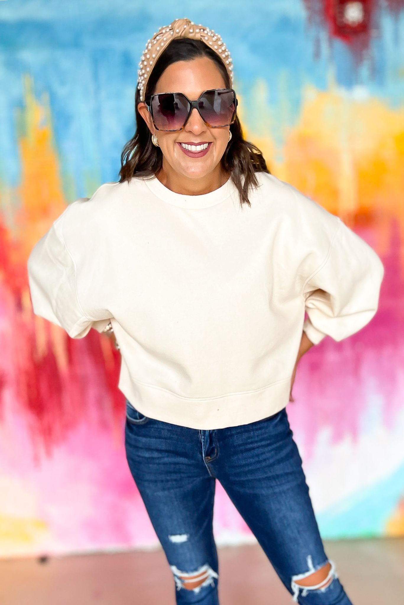 cream Balloon Sleeve Sweatshirt, pink soft material, everyday wear, everyday sweatshirt, mom style, lounge to lunch, shop style your senses by mallory fitzsimmons