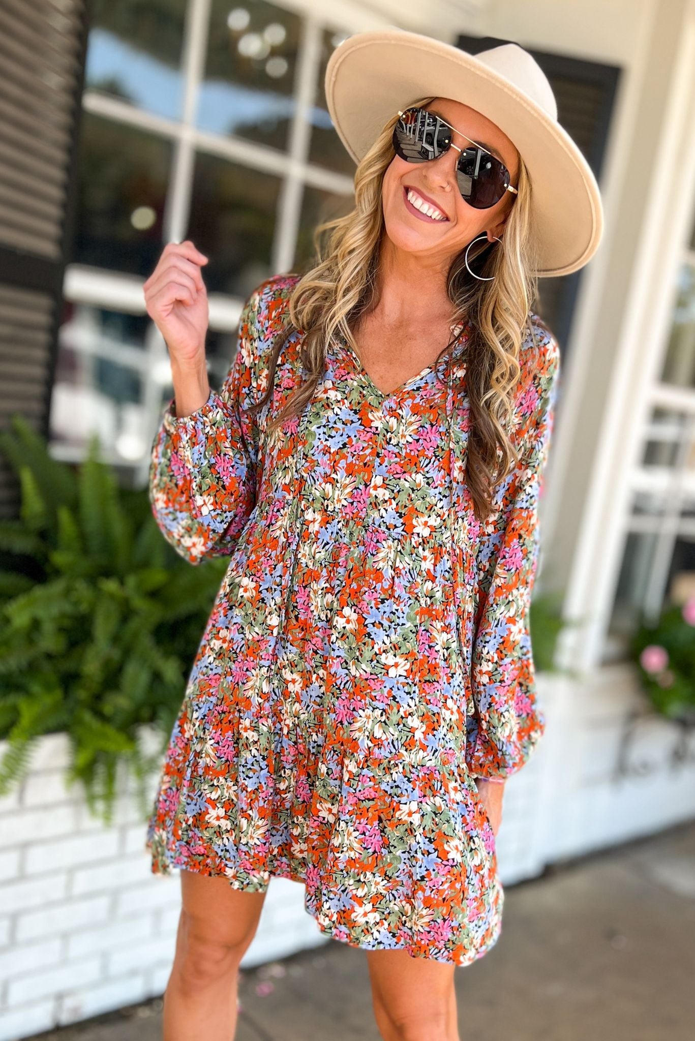 Rust Floral Neck Tie Long Sleeve Dress, fall fashion, must have, fall dress, shift dress, easy, mom style, shop style your senses by mallory fitzsimmons