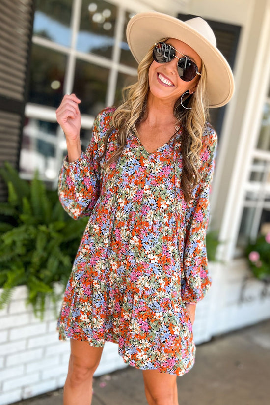 Rust Floral Neck Tie Long Sleeve Dress, fall fashion, must have, fall dress, shift dress, easy, mom style, shop style your senses by mallory fitzsimmons