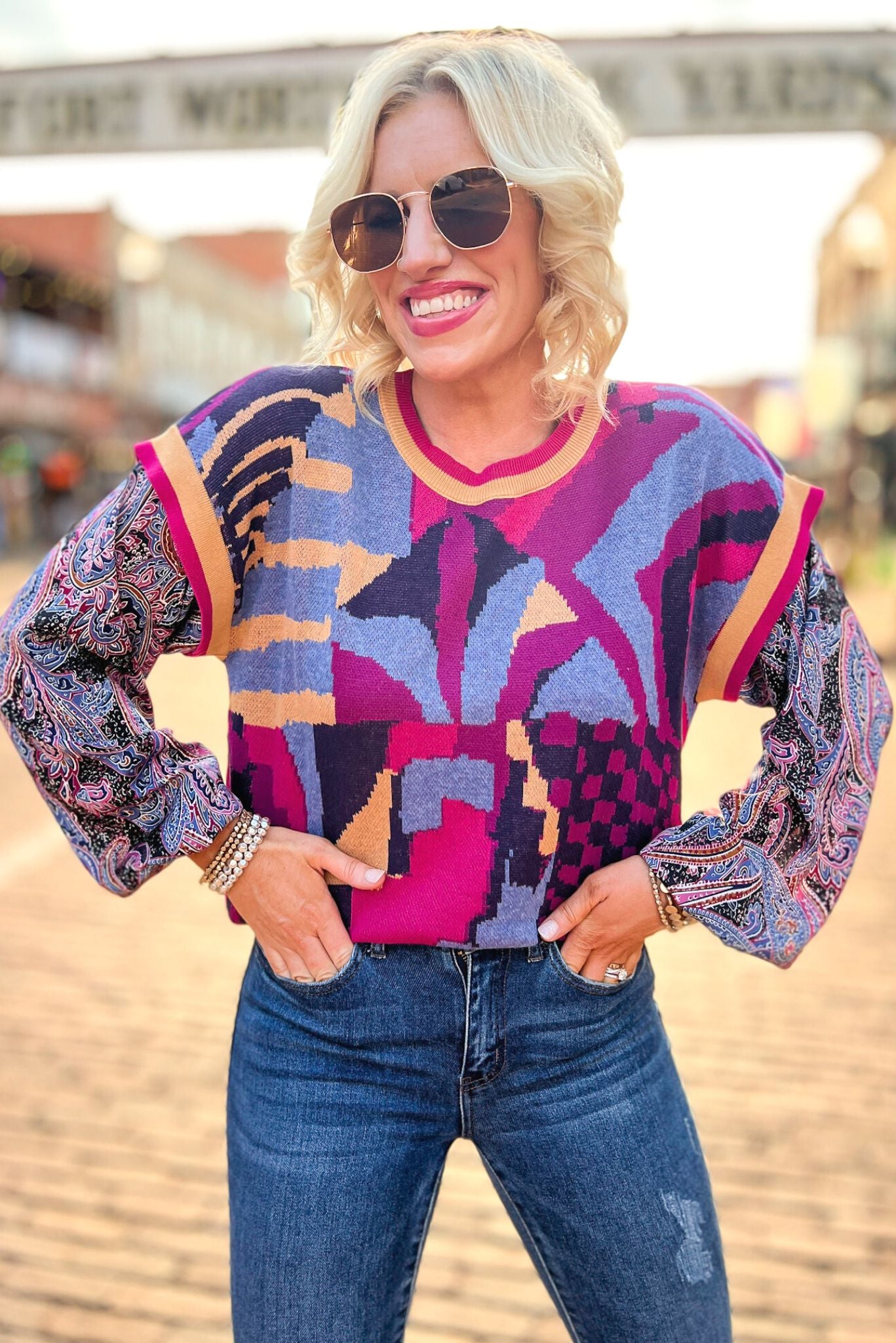 Hot Pink Woven Contrast Print Ruffle Sleeve Sweater Top