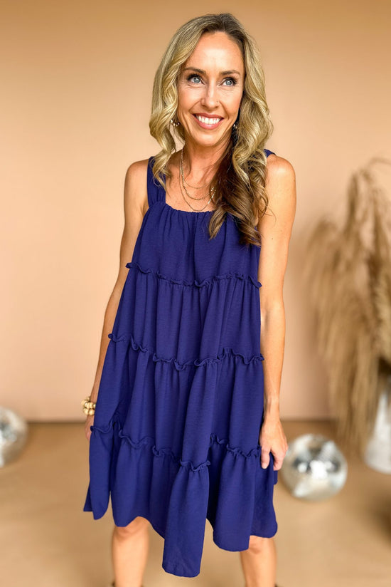 Navy Sleeveless Shirring Detail Frilled Tiered Dress, sleeveless dress, ruffle detail, v neck, mom style, shop style your senses by mallory fitzsimmons