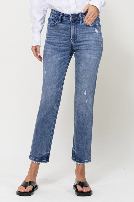 Medium Wash High Rise Slim Crop Straight Leg Jean