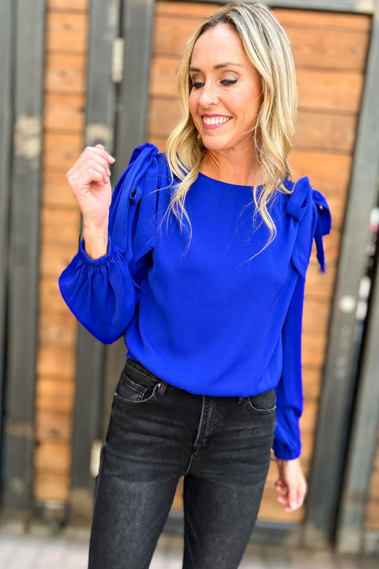 Royal Blue Shoulder Bow Long Sleeve Top Top, fall fashion, fall must have, work wear, mom style, date night, shop style your senses by mallory fitzsimmons
