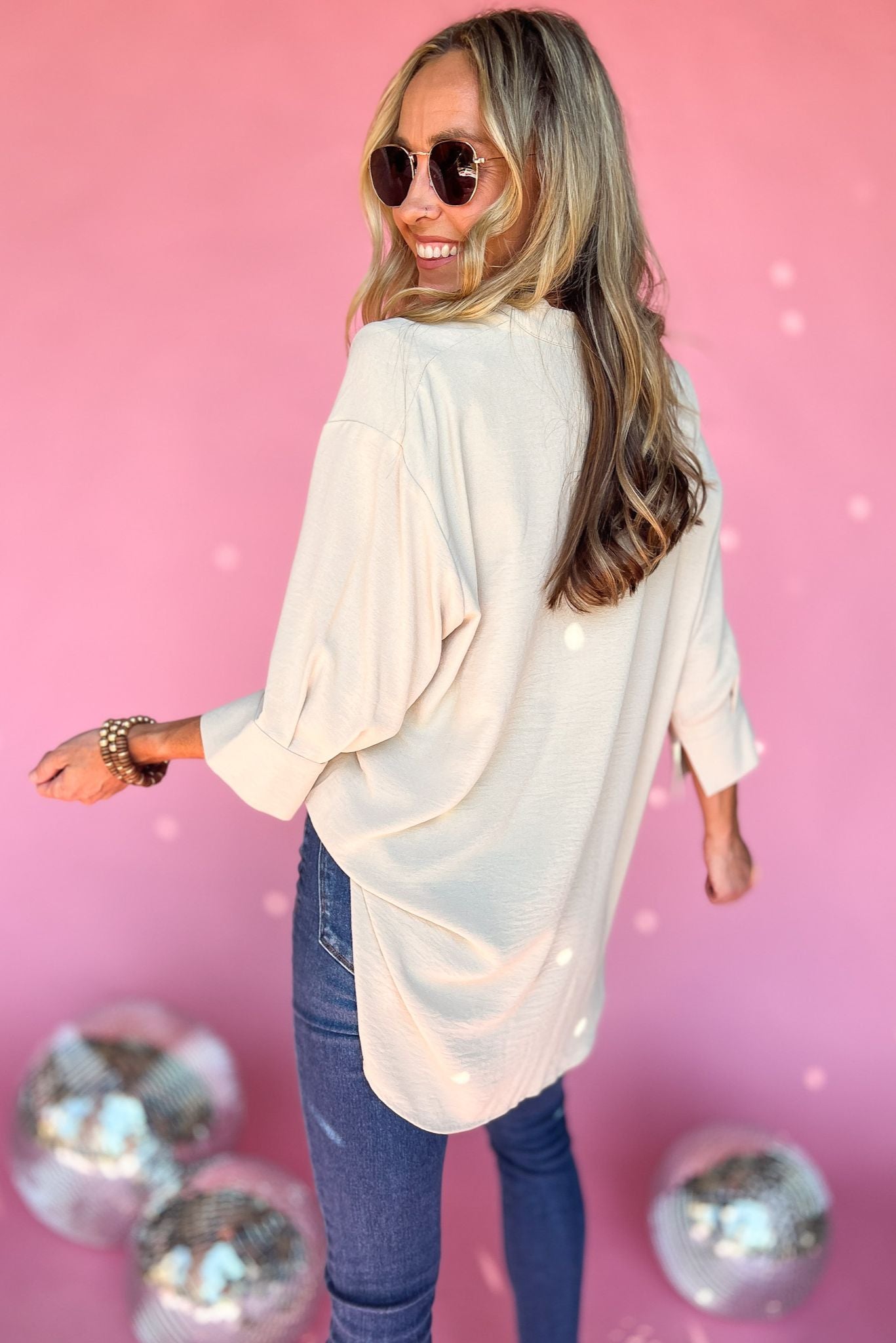 Load image into Gallery viewer, Natural V Neck 3/4 Sleeve Tunic Top, staple piece, layered look, work wear, everyday wear, fall transition, shop style your senses by mallory fitzsimmons
