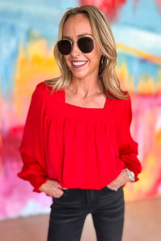 Red Smocked Square Neck Bubble Long Sleeve Top, vibrant fall, work wear, date night look, must have, shop style your senses by mallory fitzsimmons