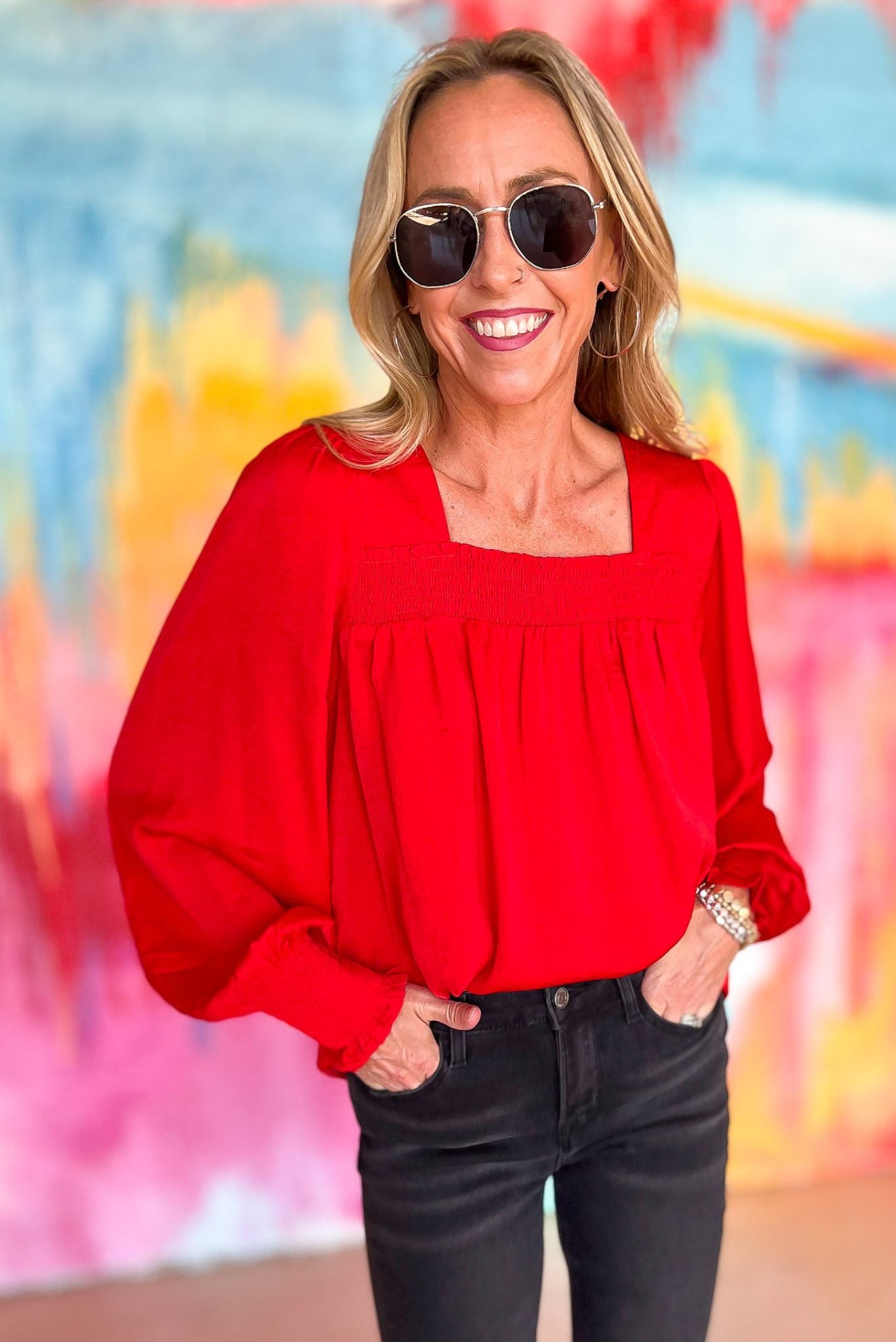 Red Smocked Square Neck Bubble Long Sleeve Top, vibrant fall, work wear, date night look, must have, shop style your senses by mallory fitzsimmons