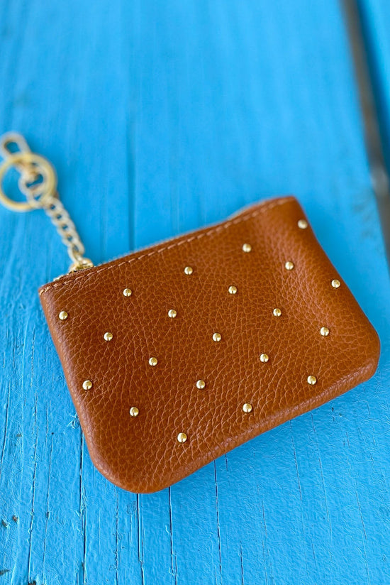 Tan Gold Studs Leather Keychain Wallet