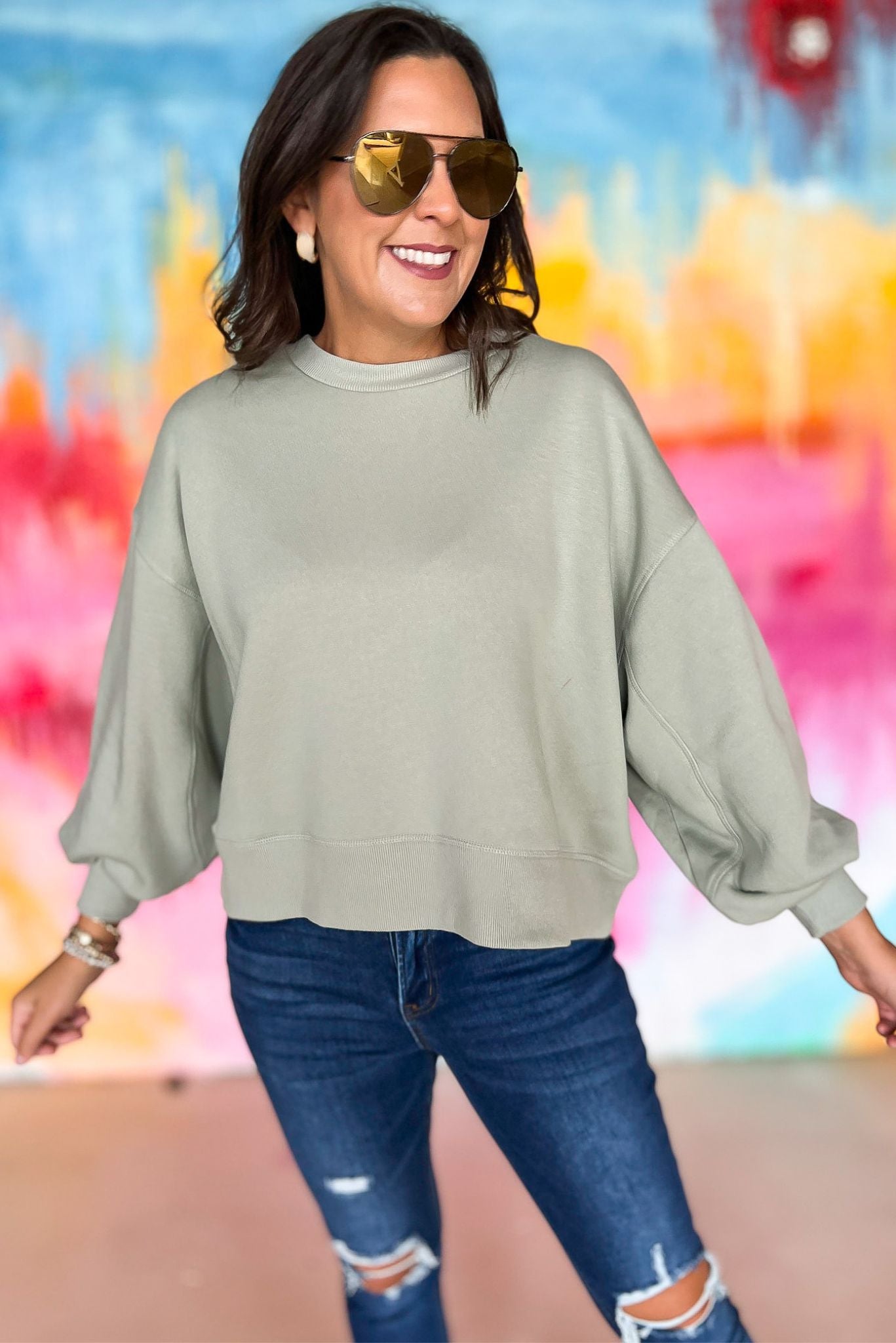 sage Balloon Sleeve Sweatshirt, pink soft material, everyday wear, everyday sweatshirt, mom style, lounge to lunch, shop style your senses by mallory fitzsimmons