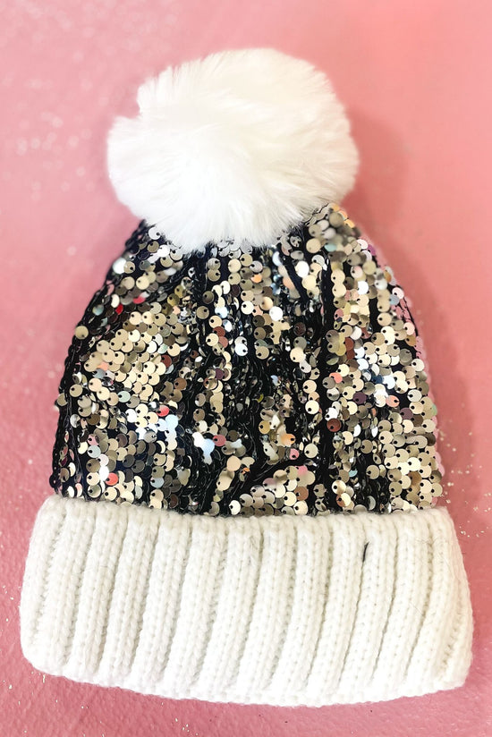 Load image into Gallery viewer, White Scale Sequin Pom Pom Knit Beanie
