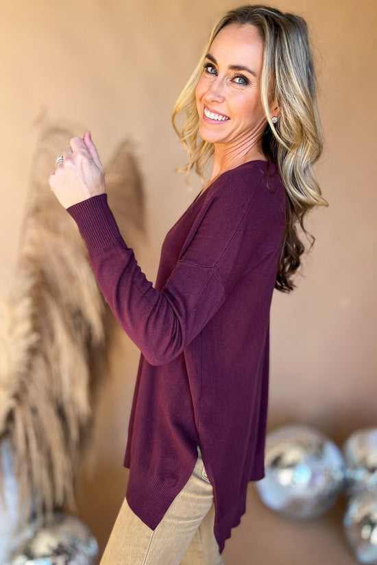Dark Purple V Neck Front Seam Side Slit Sweater, everyday sweater, must have, front seam detail, mom style, elevated look, shop style your senses by mallory fitzsimmons