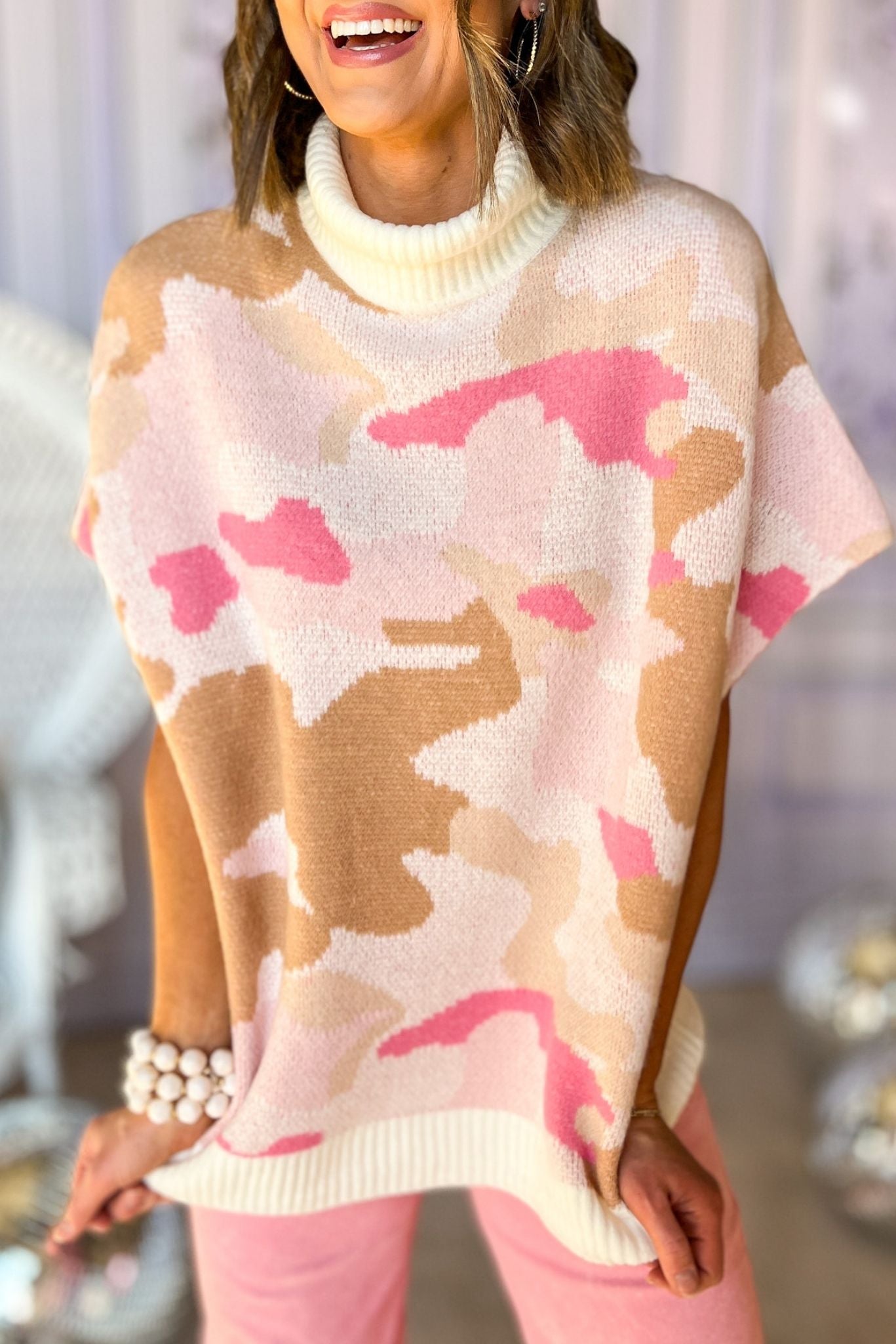 THML Pink Camo Turtleneck Poncho Top, spring fashion, must have, elevated look, mom style, chic, shop style your senses by mallory fitzsimmons