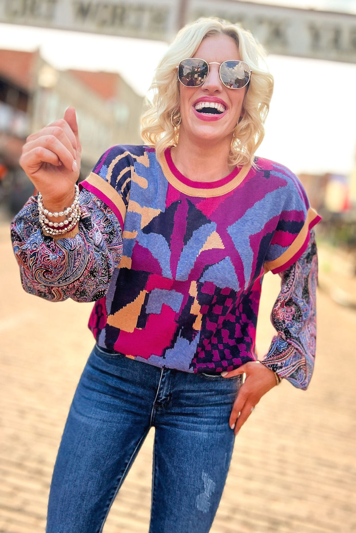 Hot Pink Woven Contrast Print Ruffle Sleeve Sweater Top