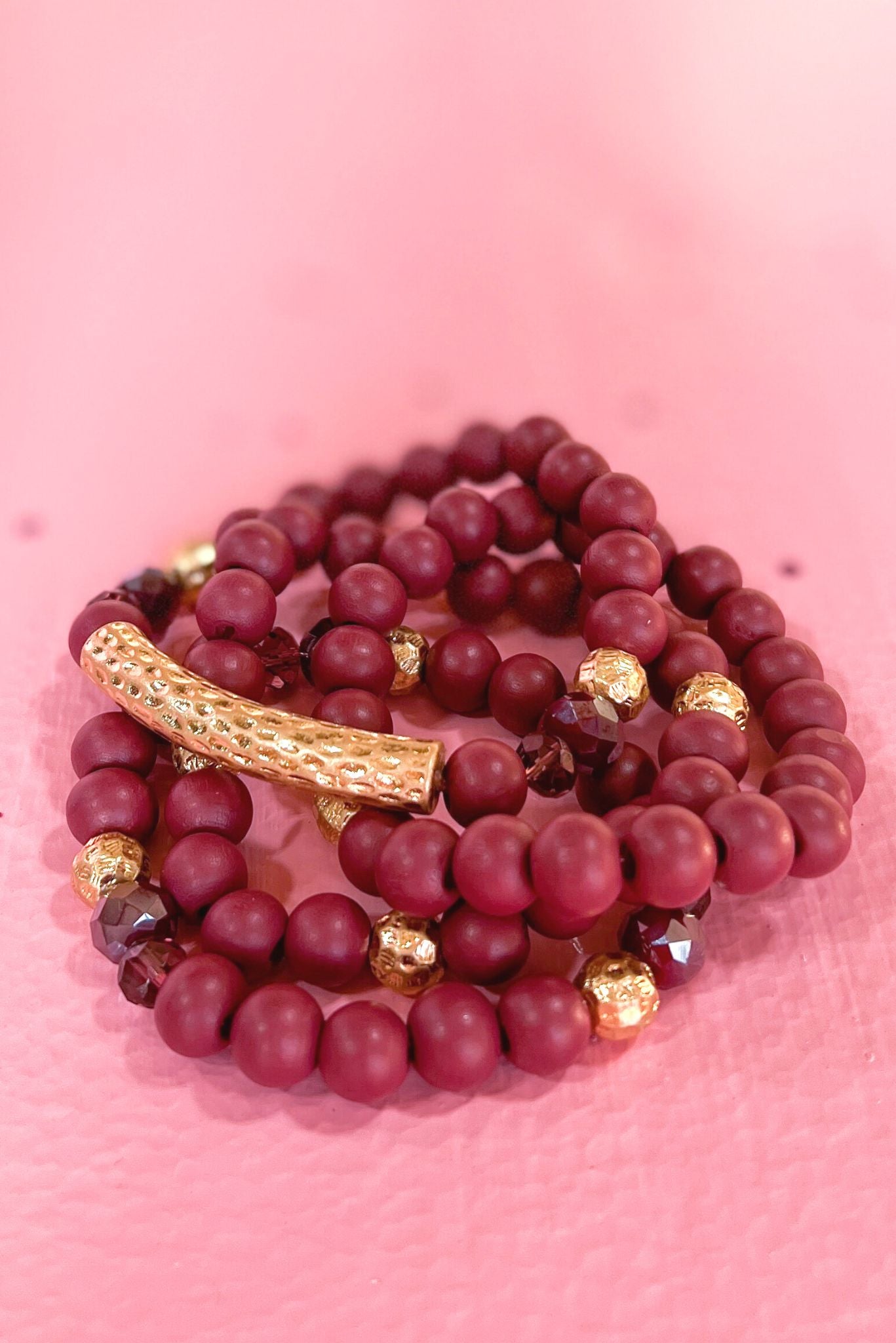 Load image into Gallery viewer, Wine Beaded Gold Accent Bracelet Stack
