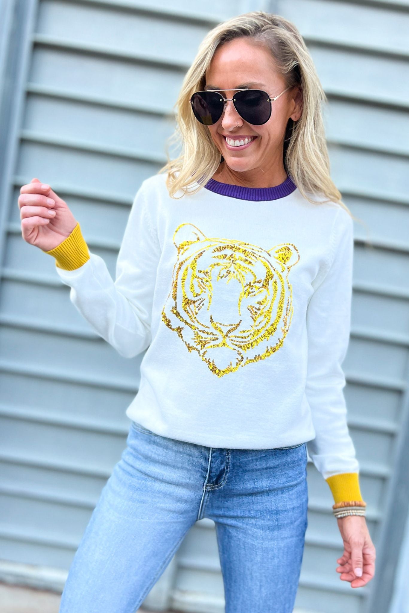 White Purple Gold Sequin Gameday Sweater, fall fashion, fall must have, mock neck, sweater weather, mom style, shop style your senses by mallory fitzsimmons