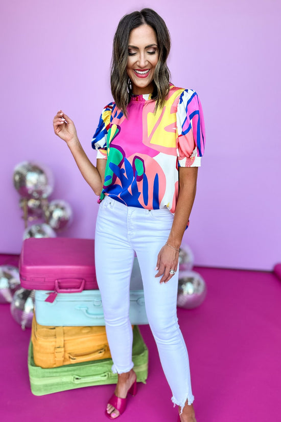 Pink Abstract Printed Frill Neck Short Puffed Sleeve Top, abstract, puff sleeve, summer look, must have, shop style your senses by mallory fitzsimmons