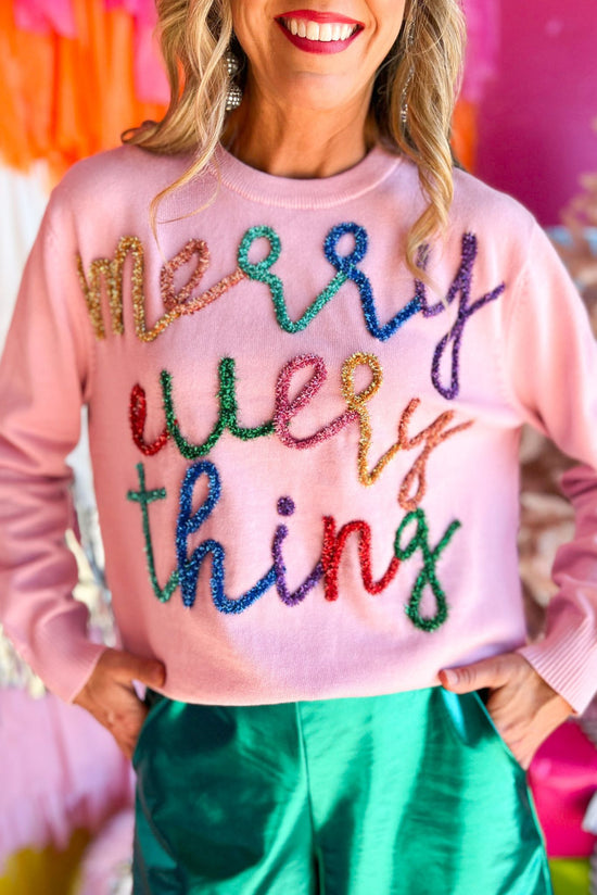 Light Pink Merry Everything Script Sweater by Queen Of Sparkles, holiday look, holiday glam, must have, holiday party, glitz, chic, shop style your senses by mallory fitzsimmons