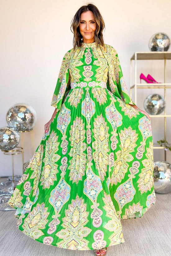 Green Printed Open Back High Neck Maxi Dress, pleated skirt, waist tie, open back, wedding guest dress, spring fashion, must have, shop style your senses by mallory fitzsimmons