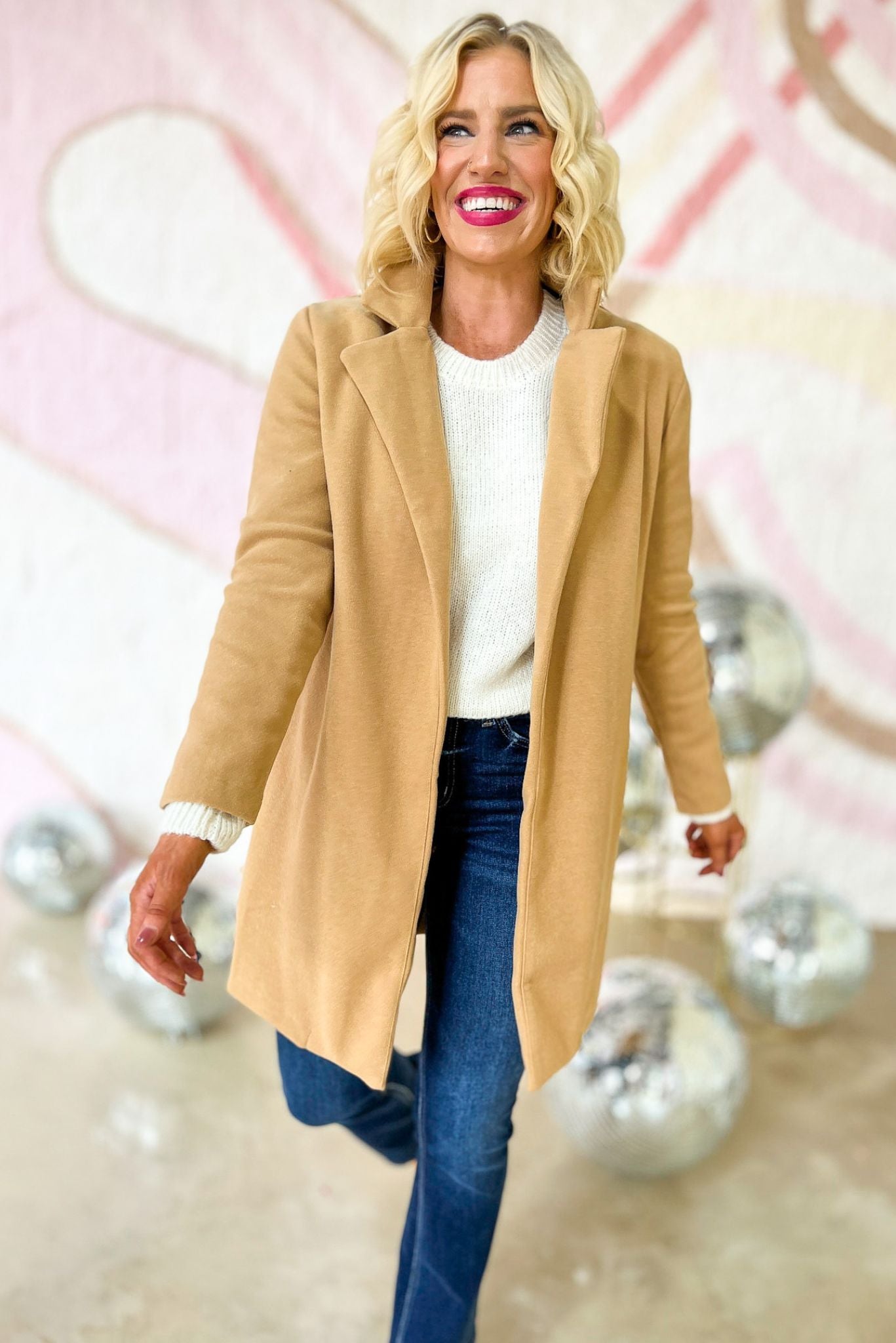 Camel Notch Collar Open Front Coat, cowl neck, pink, long sleeve, long top, sweater, spring fashion, knit top, mom style, work wear, shop style your senses by mallory fitzsimmons