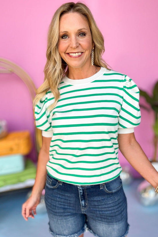 Load image into Gallery viewer, green Striped Puff Short Sleeve Top, puff sleeve, stripe detail, must have, easy fit, knit, shop style your senses by mallory fitzsimmons
