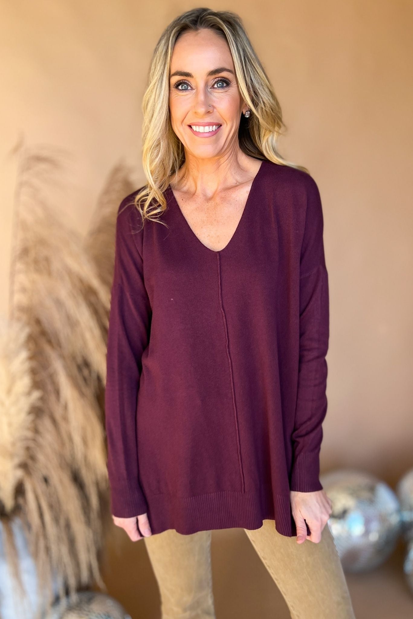 Dark Purple V Neck Front Seam Side Slit Sweater, everyday sweater, must have, front seam detail, mom style, elevated look, shop style your senses by mallory fitzsimmons
