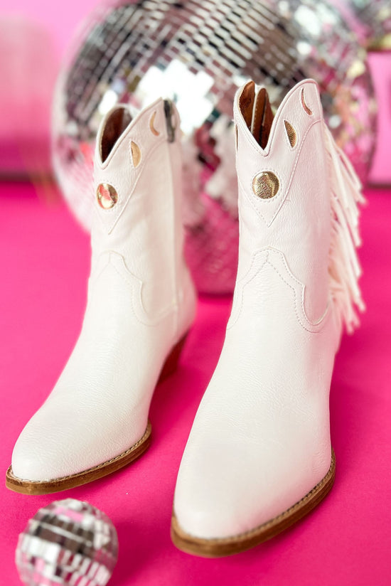 Load image into Gallery viewer, White Fringe Gold Detailed Western Cowboy Boots, fringe detail, summer look, western, moon detail, trendy, shop style your senses by mallory fitzsimmons

