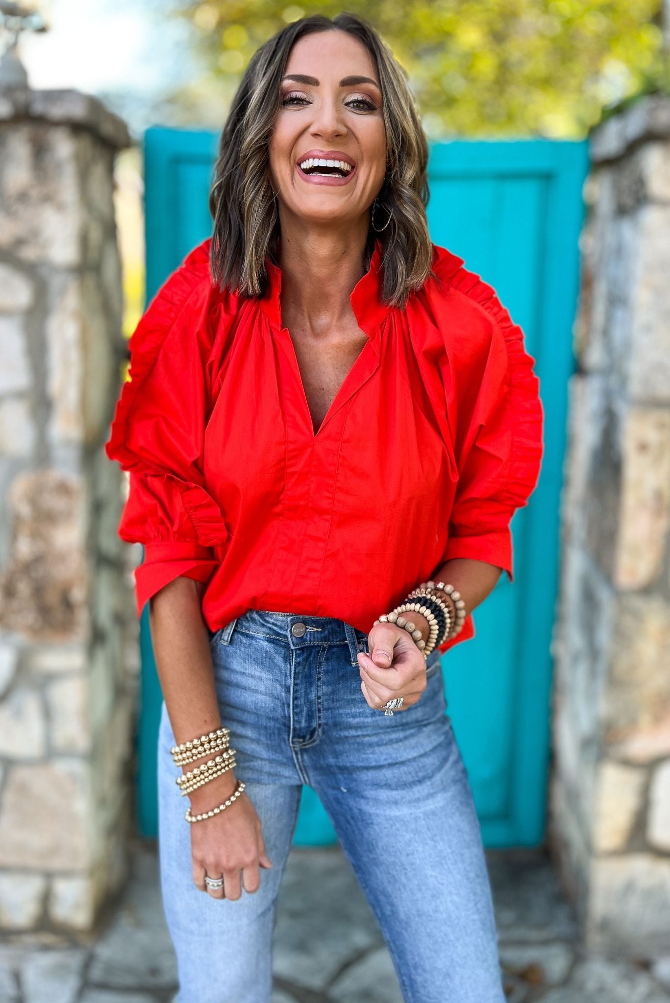 Load image into Gallery viewer, Red Poplin Ruffle Sleeve V Neck Top by Karlie, game day, must have, ruffle detail, mom style, shop style your senses by mallory fitzsimmons
