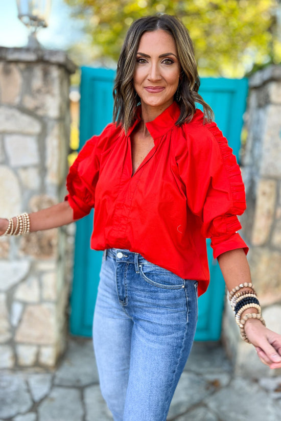 Load image into Gallery viewer, Red Poplin Ruffle Sleeve V Neck Top by Karlie, game day, must have, ruffle detail, mom style, shop style your senses by mallory fitzsimmons
